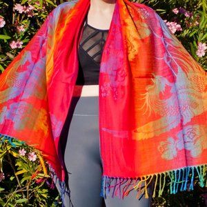 (SOLD) Rainbow/Red Phoenix Bird Rose Lightweight Pashmina